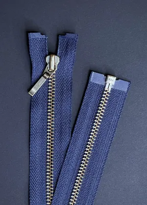 YKK, Open Ended Zip Drop Pull. Antique Brass. Navy. 60cm